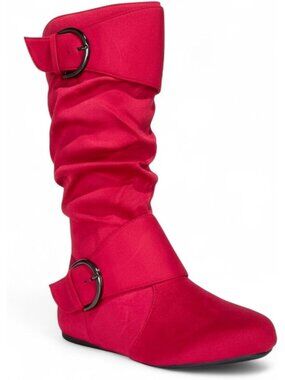 Women's Red Suede Comfortable Round Toe Buckle Side Zip  Mid-Calf Low Heel Boots